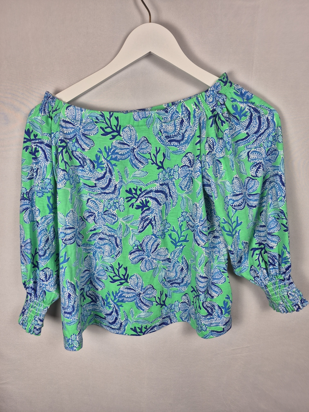 Lilly Pulitzer Off-Shoulder Floral Peasant Top in Mint & Blue Size XXS